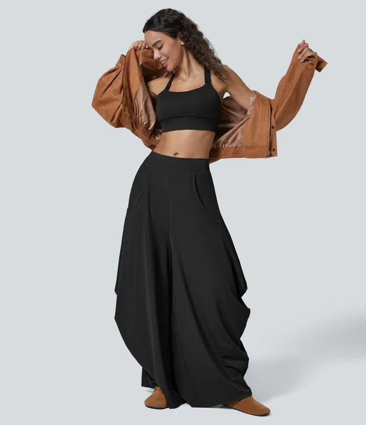 Med medelhög midja fickor draperad vida ben baggy vardagsbyxor