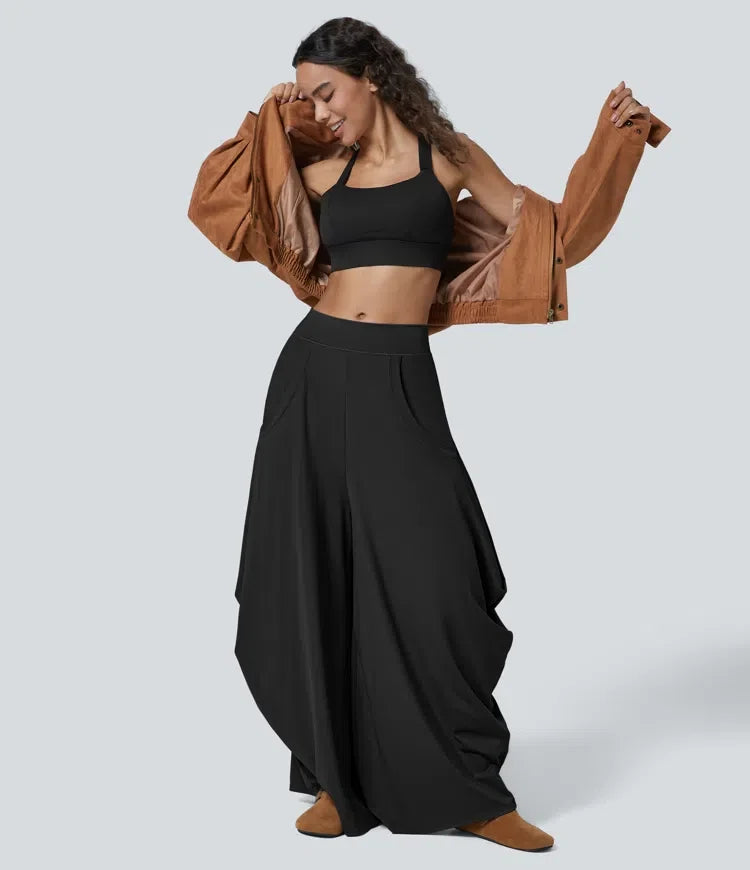 Medelhög midja fickor draperad vida ben baggy vardagsbyxor