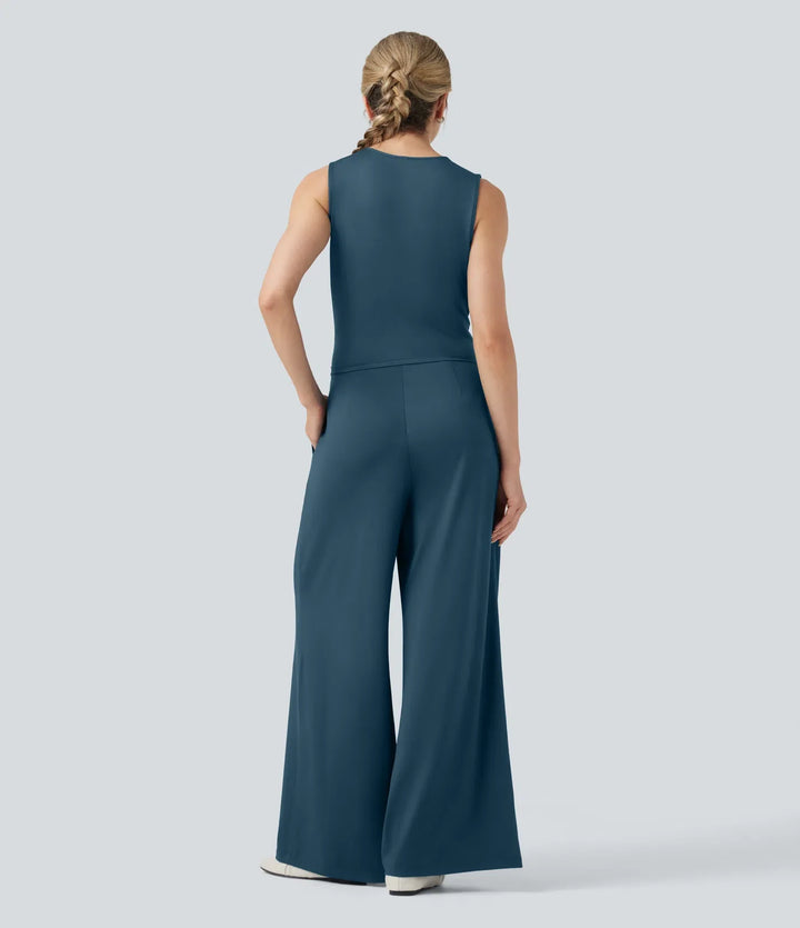 V-ringad ärmlös veckad crossover magkontroll vardaglig jumpsuit med fickor-Easy Peezy