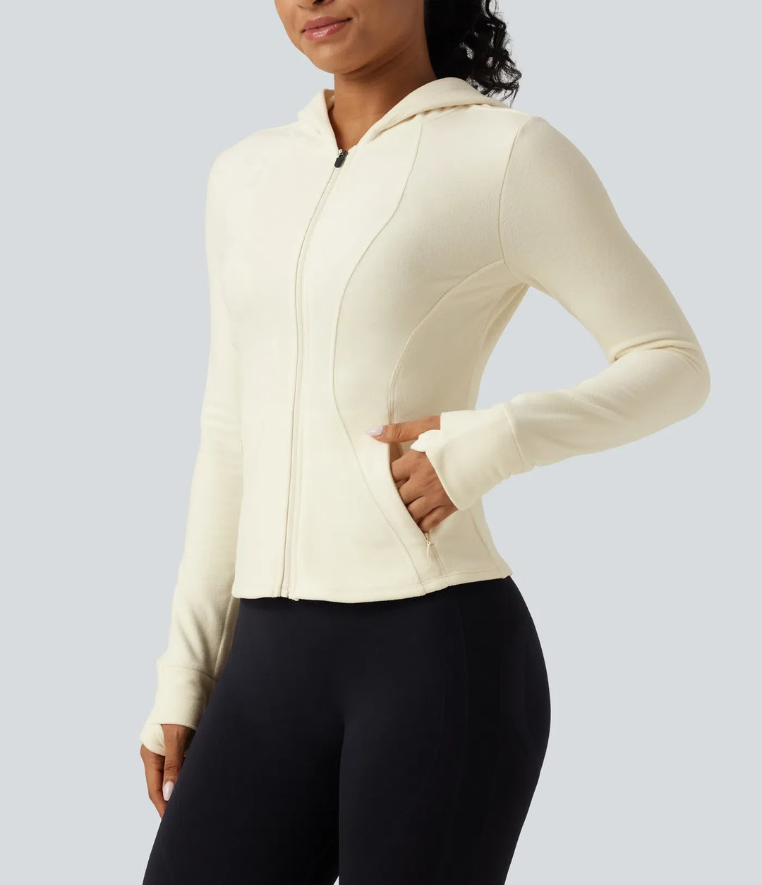 Ståkrage långärmad fleece smal yoga träningsjacka med tumhål och fickor