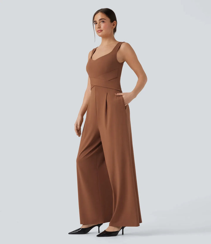 U rygg ärmlös vardaglig jumpsuit med fickor-Easy Peezy Edition