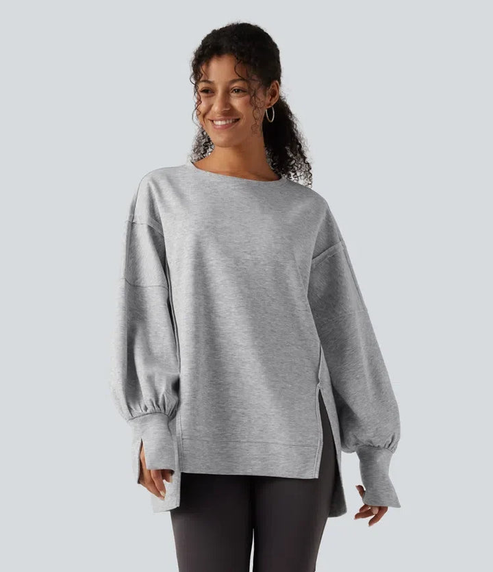 Rund hals nedhasad långärmad slits fåll vardaglig sweatshirt