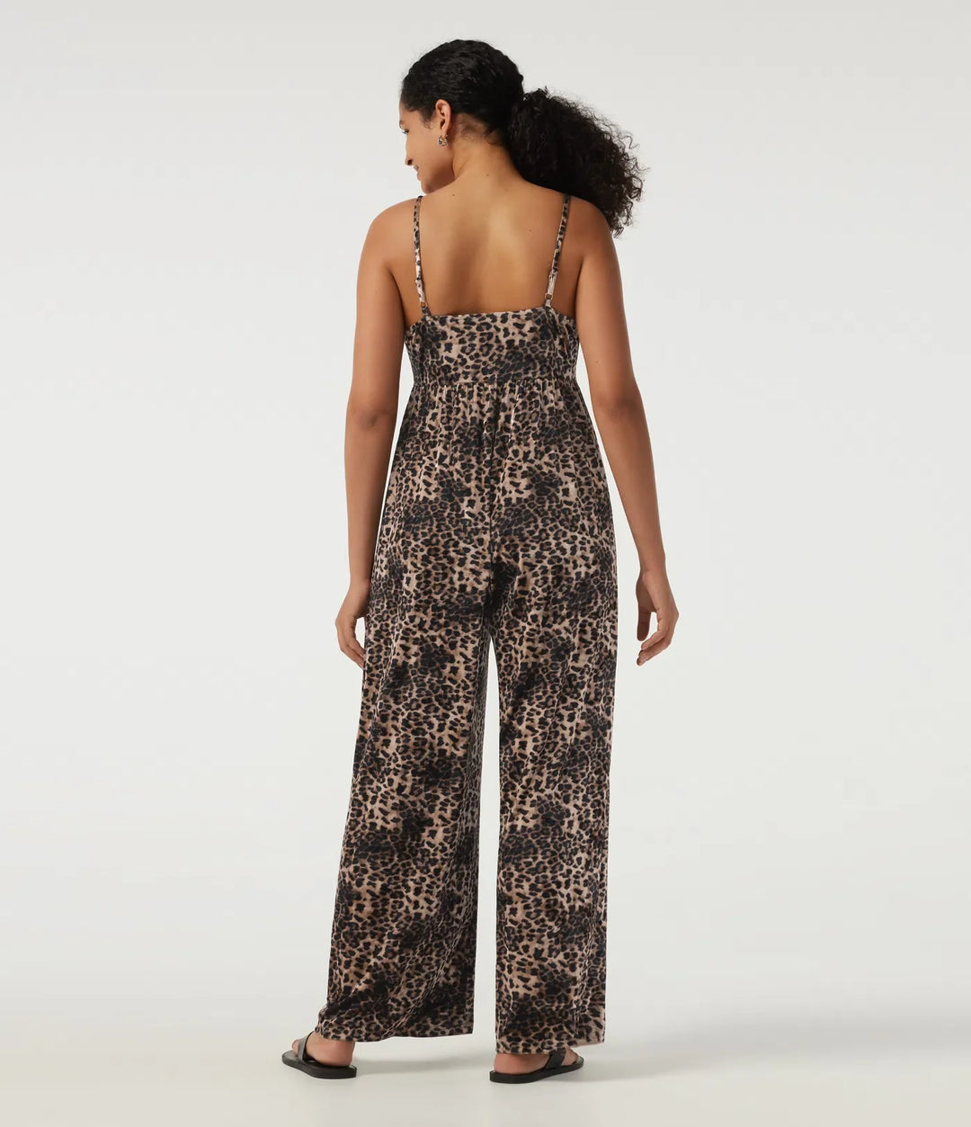 U-ringad ärmlös leopardmönster sammet vardaglig jumpsuit med fickor