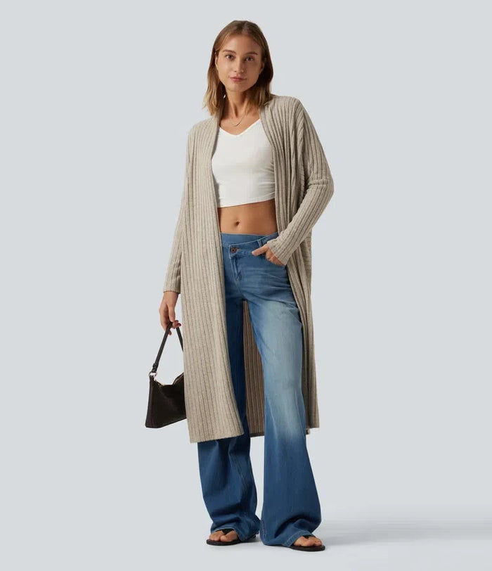 Ribbstickad lång fladdermusärm bältad vardaglig lång modell cardigan