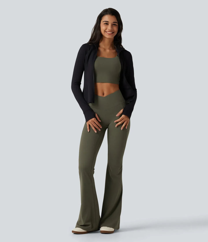 Halara UltraSculpt med hög midja omlott scrunch-effekt rumplyftande magkontroll formande yoga utsvängd leggings med fickor