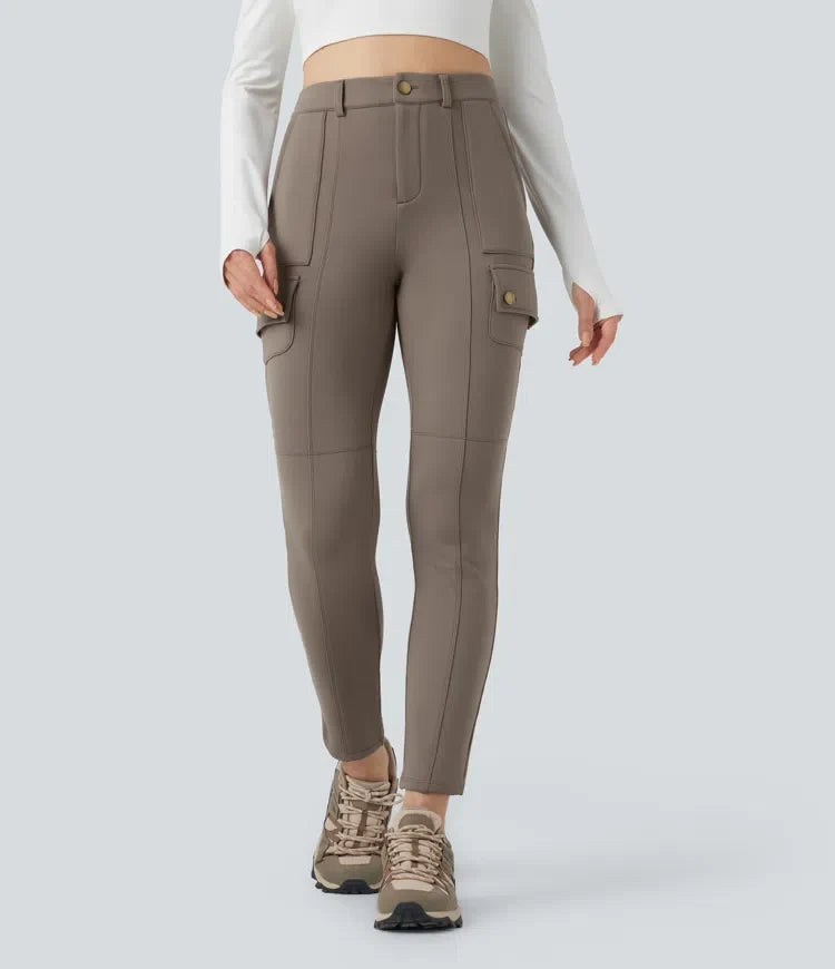 Högmidjad skinny fleece vandring cargo byxor med fickor
