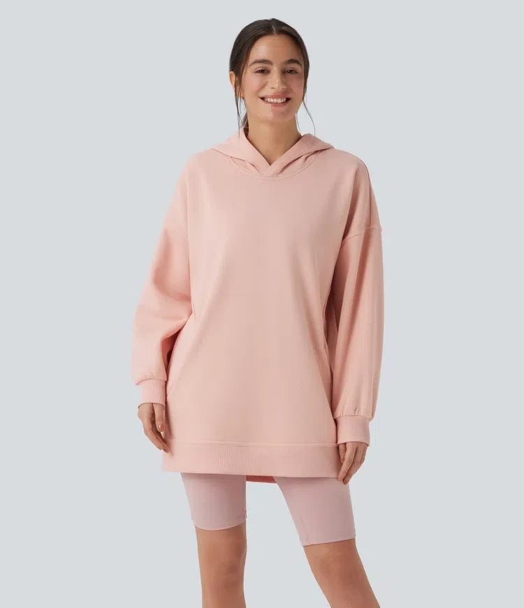 Med huva långärmad oversized fleece vardaglig sweatshirt med fickor