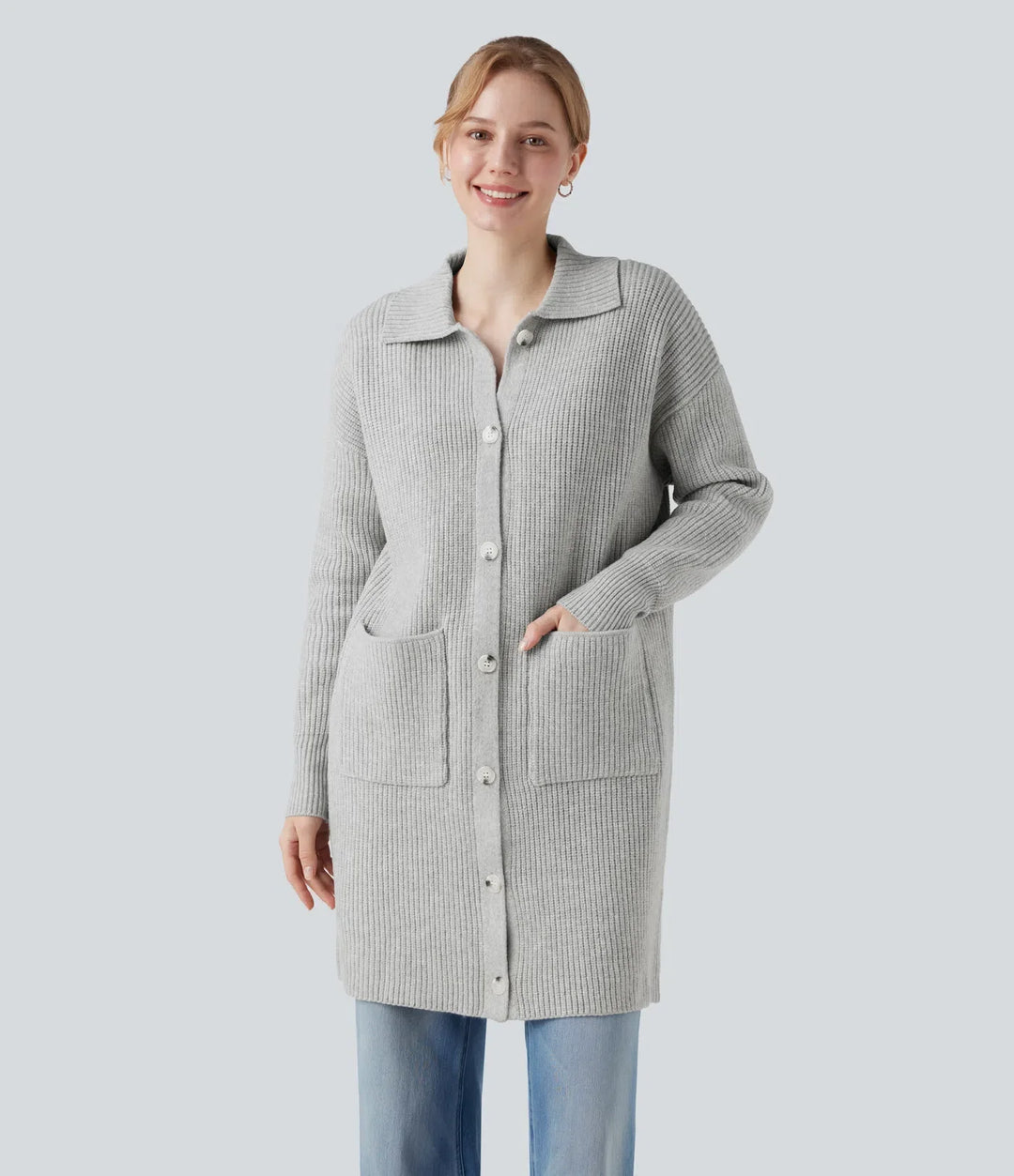 Krage långärmad knapp gylf vardaglig lång modell cardigan med fickor