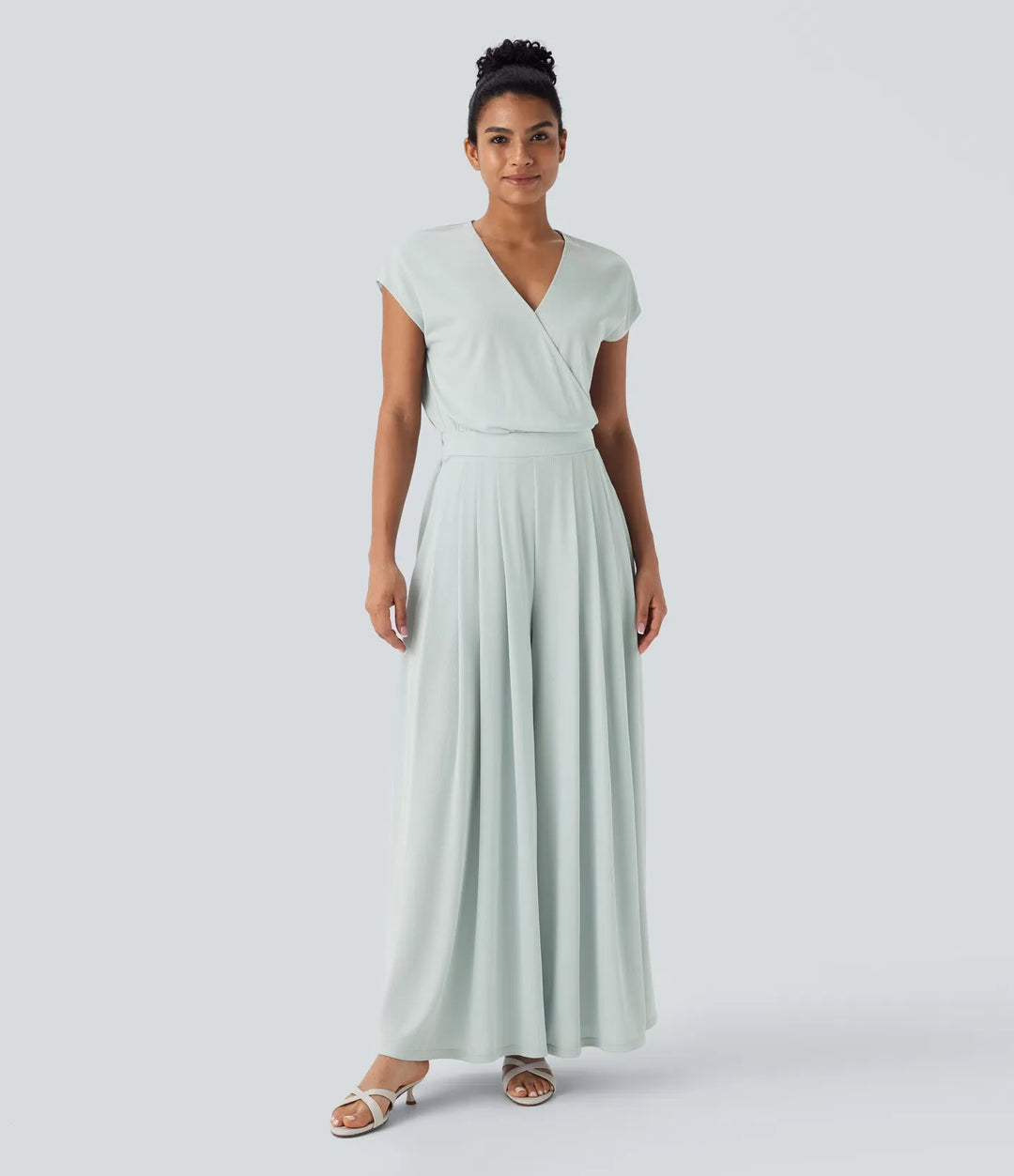 V-ringad kortärmad ficka vida ben fallande våffelstruktur vardaglig jumpsuit-Easy Peezy Edition