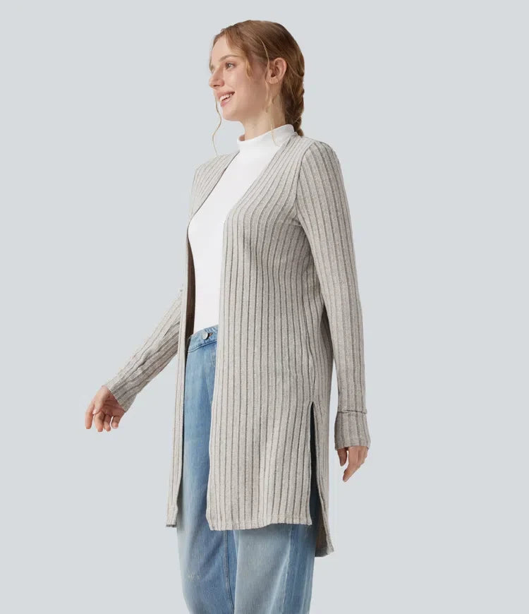 Ribbstickad långärmad slits vardaglig cardigan