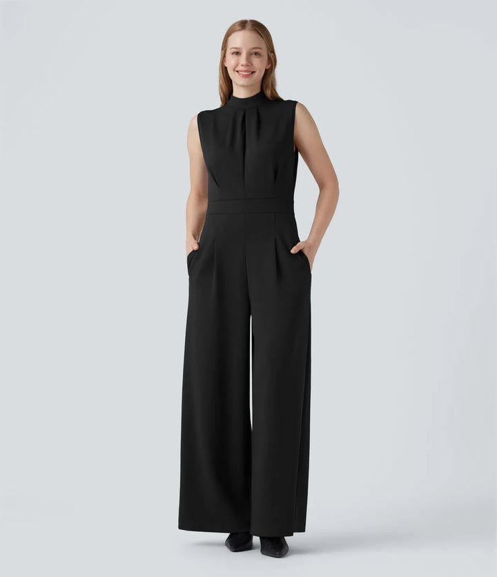 Halvpolo dragkedja ärmlös arbete vida ben jumpsuit med fickor