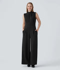 Halvpolo dragkedja ärmlös arbete vida ben jumpsuit med fickor