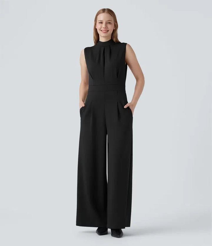 Halvpolo dragkedja ärmlös arbete vida ben jumpsuit med fickor