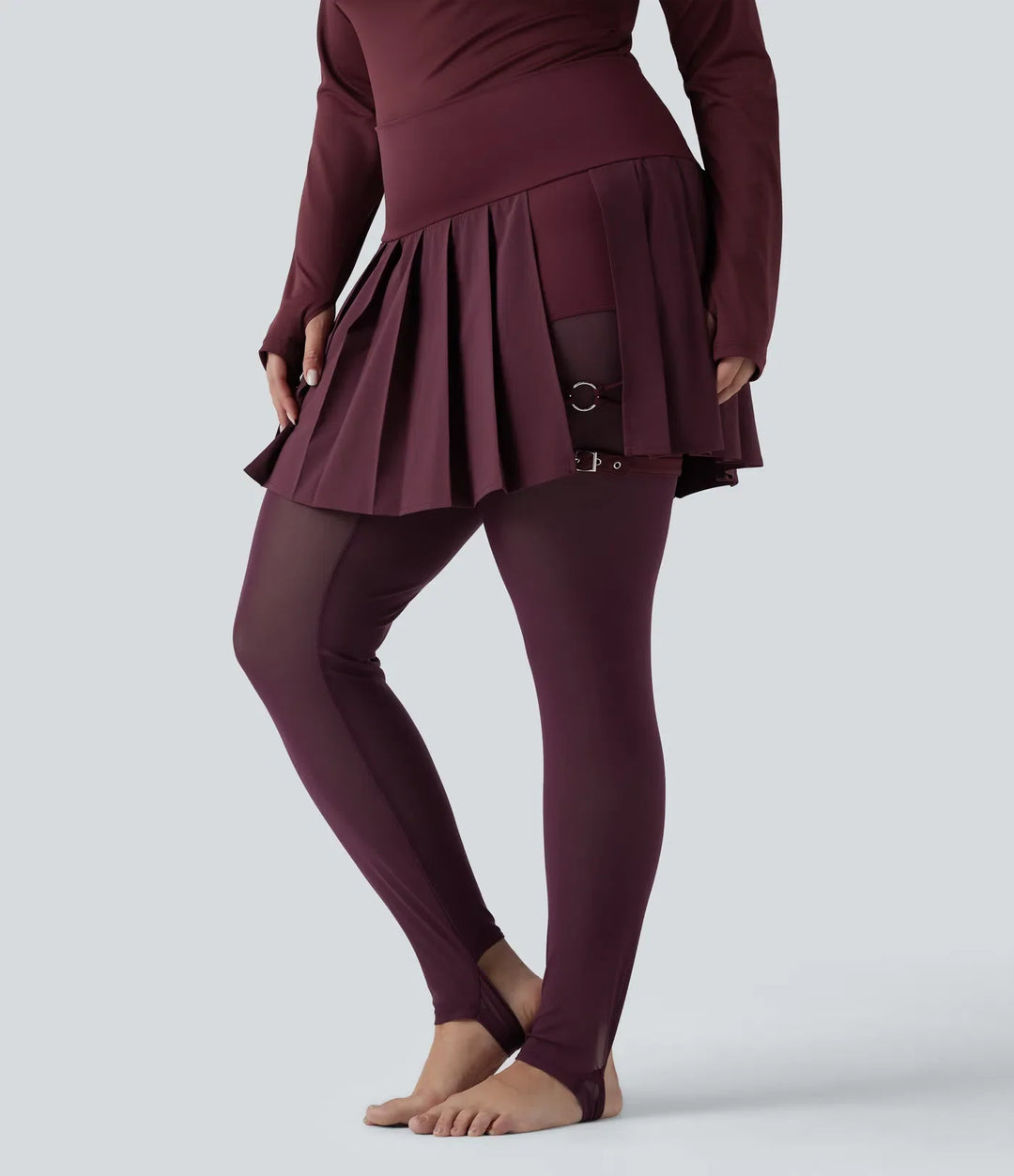 Breezeful med hög midja plisserad 2-i-1 kontrastmesh snabbtorkande dans plusstorlek stigbygel leggings med kjol med fickor