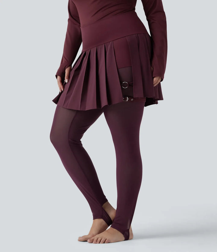 Breezeful med hög midja plisserad 2-i-1 kontrastmesh snabbtorkande dans plusstorlek stigbygel leggings med kjol med fickor