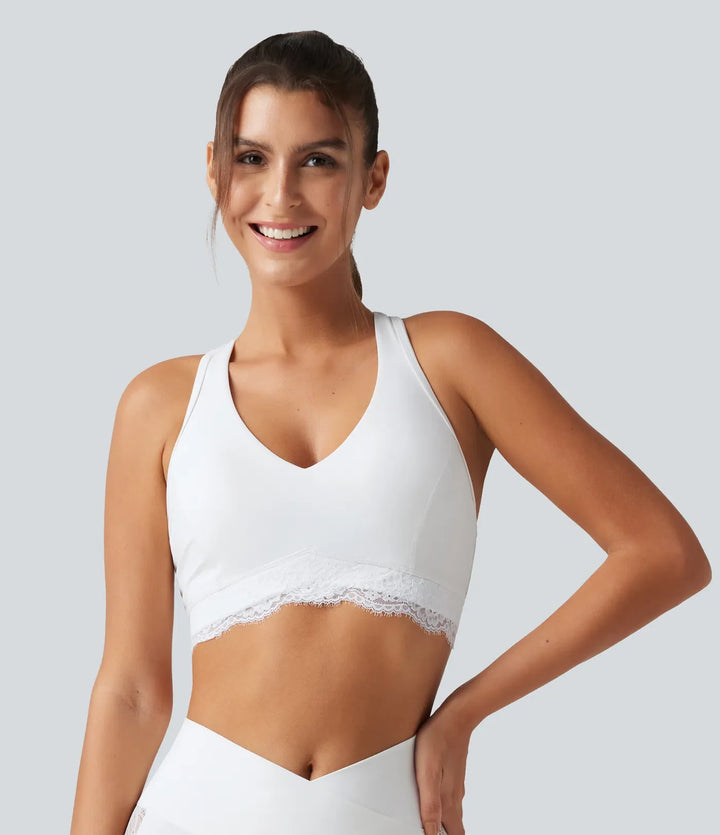 Halara UltraSculpt lätt stöd V-ringning inbyggd bh brottarrygg kontrastspets träning sport-bh