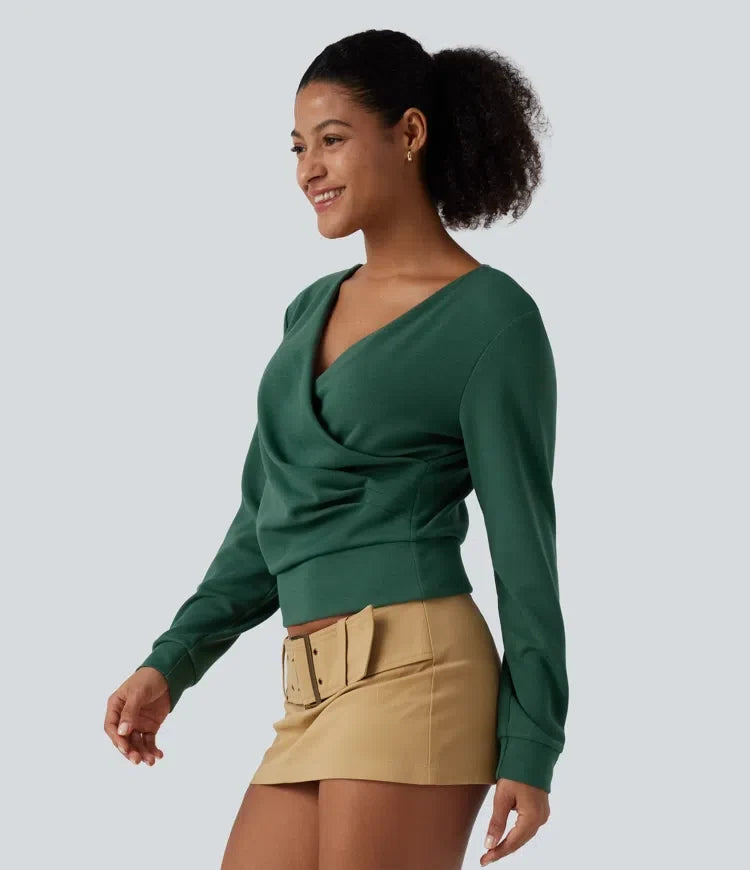 V-ringad långärmad crossover rynkat yoga sweatshirt