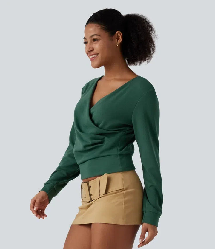 V-ringad långärmad crossover rynkat yoga sweatshirt