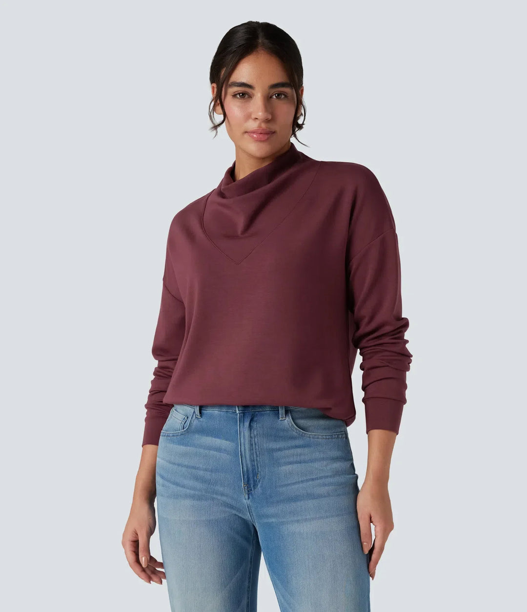 SpacerTek draperad hals långärmad vardaglig sweatshirt