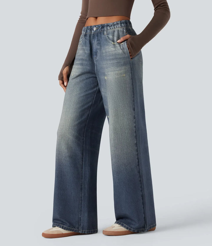 Medelhög midja denim mönster frotté vardaglig mjukisbyxor jeans med fickor