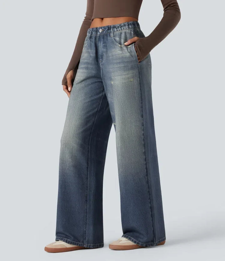 Med medelhög midja denim tryck French terry för vardag mjukisbyxor jeans med fickor