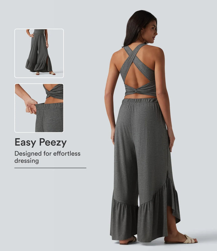 Korsad rygglös U-ringad ärmlös volangfåll fallande vardaglig jumpsuit med fickor-Easy Peezy