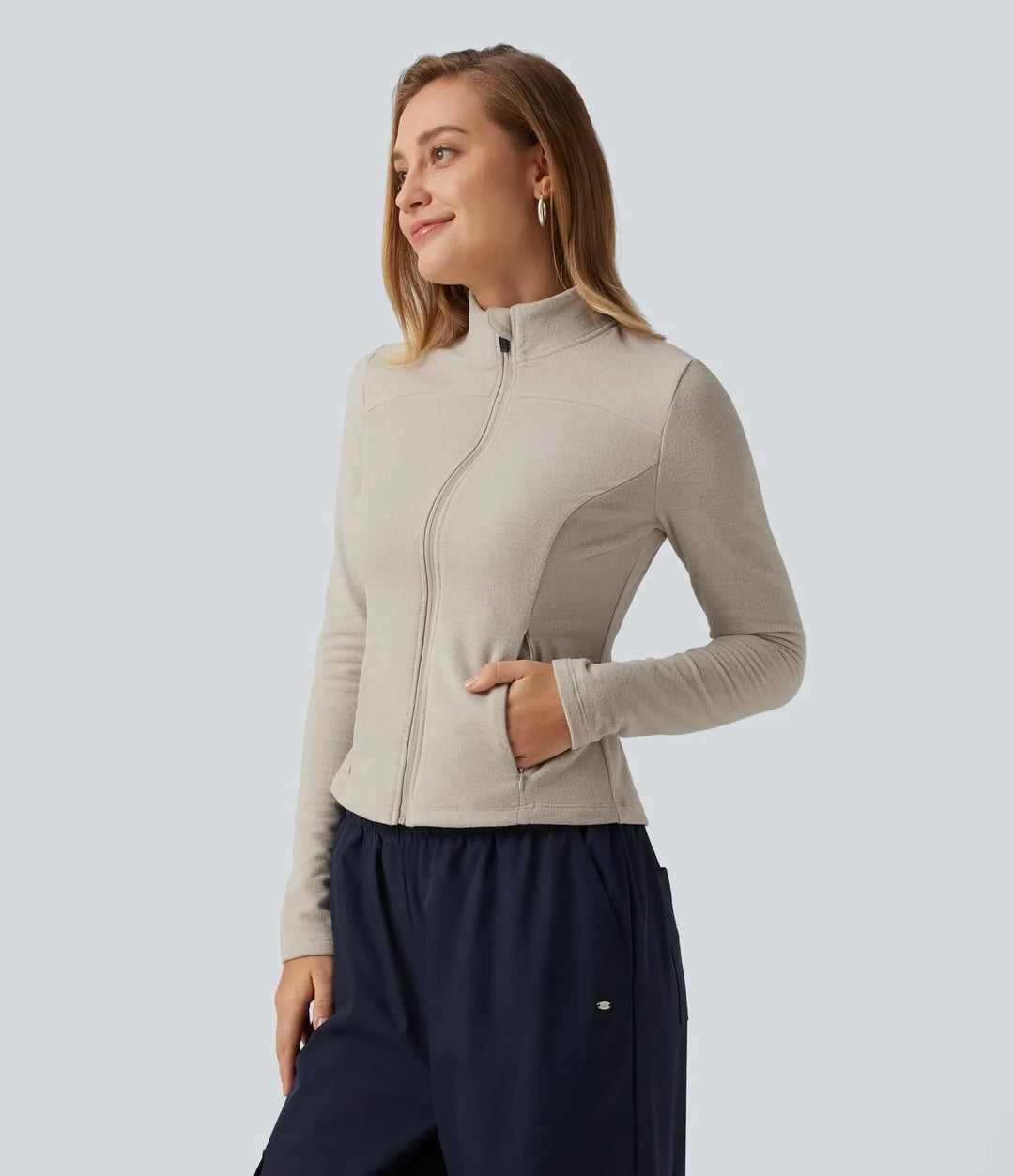 Ståkrage långärmad fleece vardaglig jacka med fickor