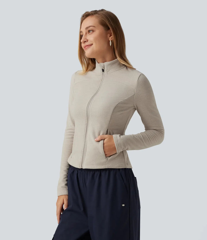 Ståkrage långärmad fleece vardaglig jacka med fickor