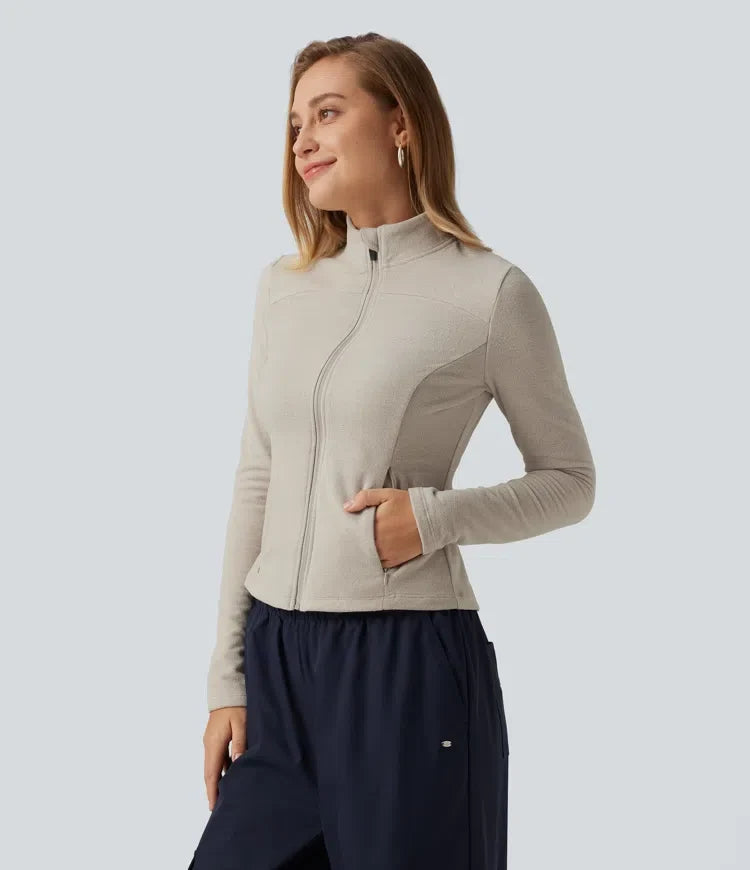 Ståkrage långärmad fleece vardaglig jacka med fickor