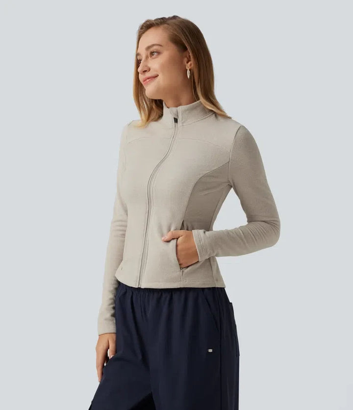 Ståkrage långärmad fleece vardaglig jacka med fickor