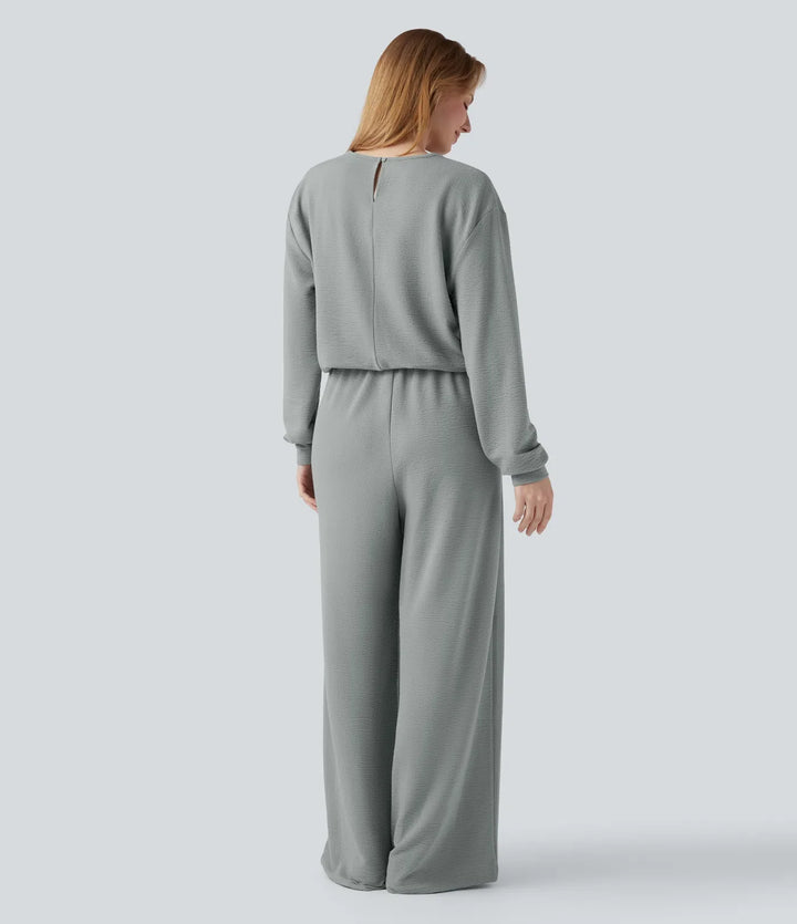 V-ringad långärmad dragsko vardaglig jumpsuit med fickor-Easy Peezy