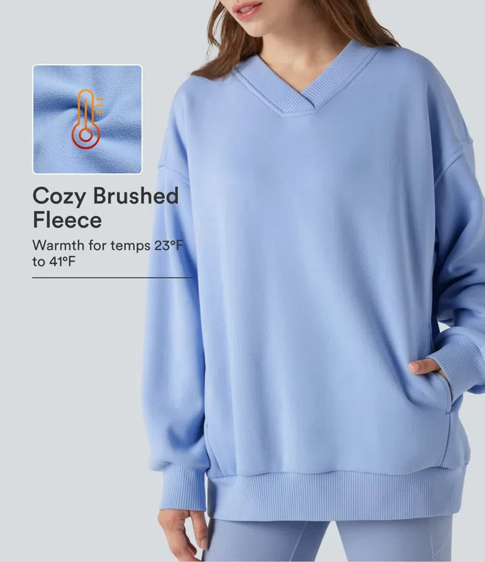 V-ringad långärmad fleece vardaglig bomull sweatshirt med fickor