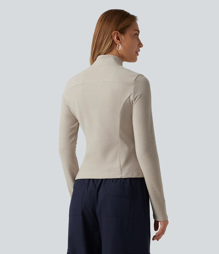 Ståkrage långärmad fleece vardaglig jacka med fickor