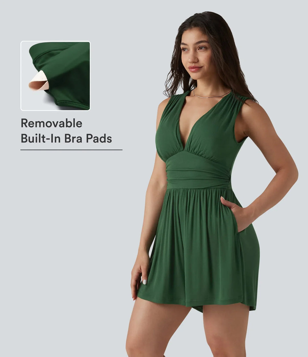 Ribbad V-ringad ärmlös rynkat inbyggd BH vardaglig playsuit med fickor-Easy Peezy