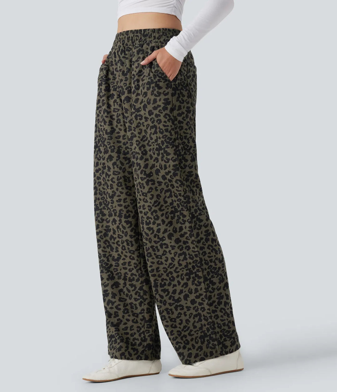 Högmidjad leopardmönster manchester vardaglig baggy byxor med fickor
