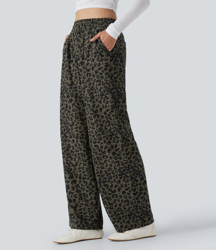 Högmidjad leopardmönster manchester vardaglig baggy byxor med fickor