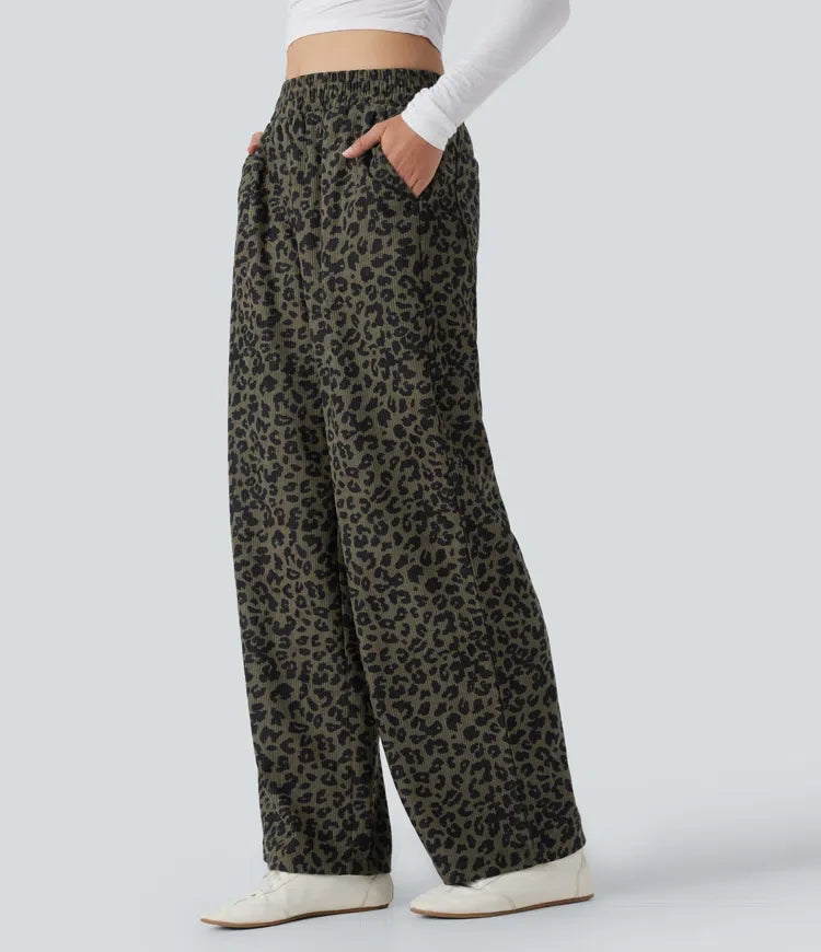 Med hög midja leopardmönstrad manchester för vardag baggy byxor med fickor