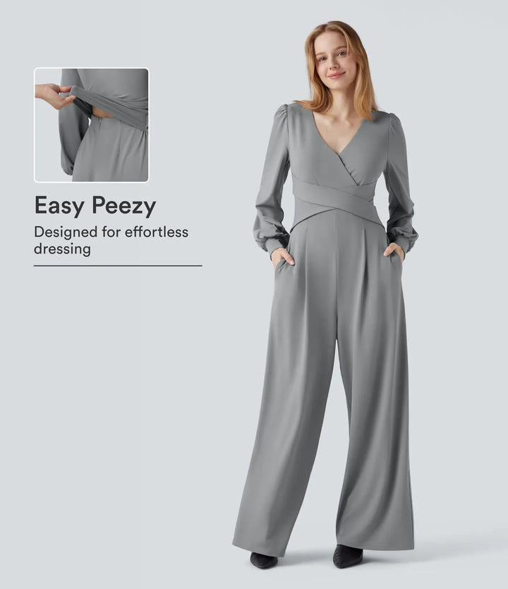 V-ringad lång puffärm crossover arbetsjumpsuit med fickor-Easy Peezy