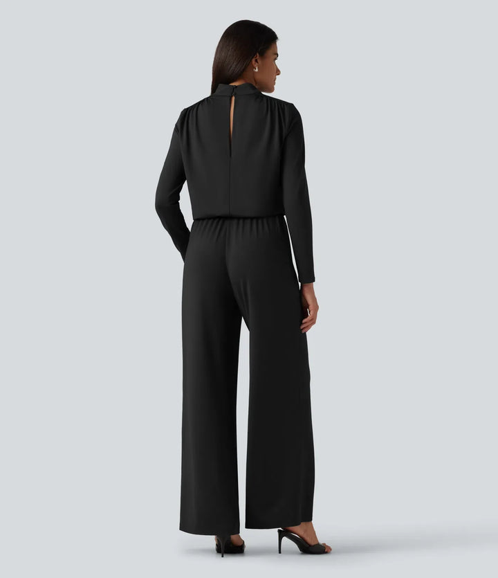 Ståkrage långärmad raka ben jumpsuit med fickor-Easy Peezy Edition