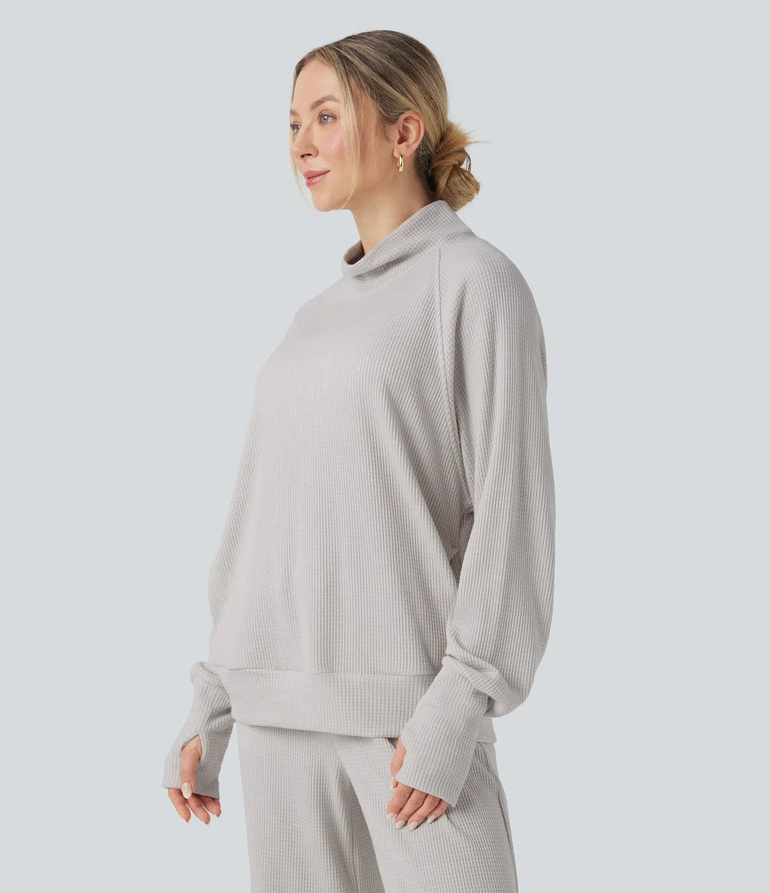 Hög hals långärmad tumhål oversized våffelstruktur vardaglig sweatshirt med fickor