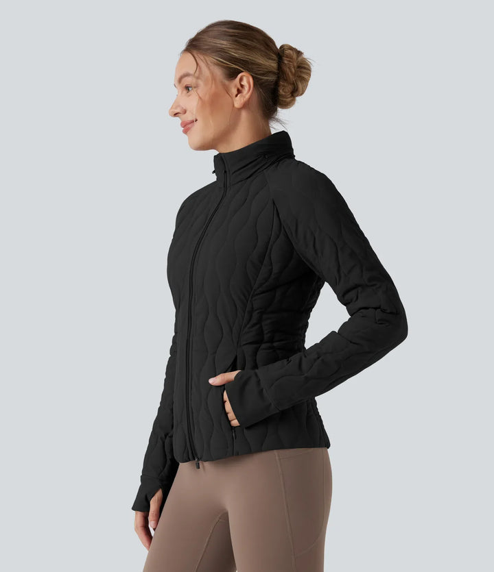 PuffFlex hög hals tumhål stretchig träning vadderad jacka med fickor-packbar hals Pillow