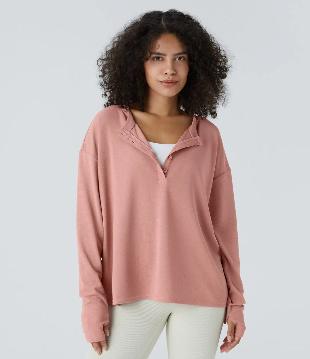 Front tumhål våffelstruktur vardaglig sweatshirt