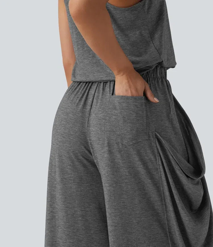 Ärmlös utskuren detalj vida ben jumpsuit för vardag med fickor – Easy Peezy-utgåva