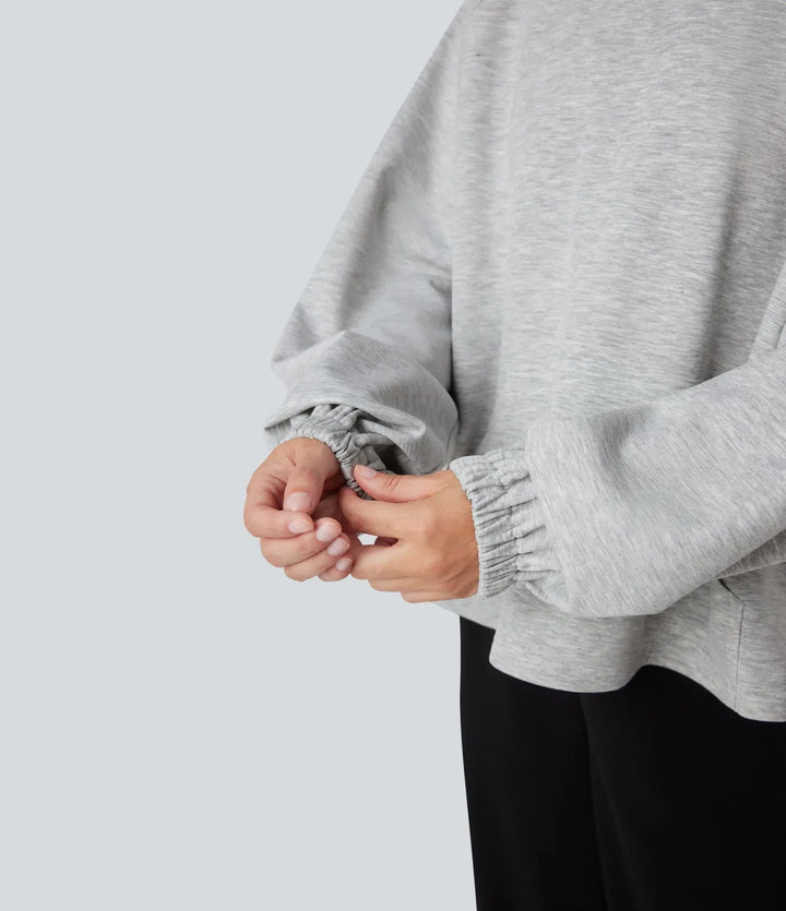 Halvpolo långärmad hög-låg vardaglig sweatshirt med ficka