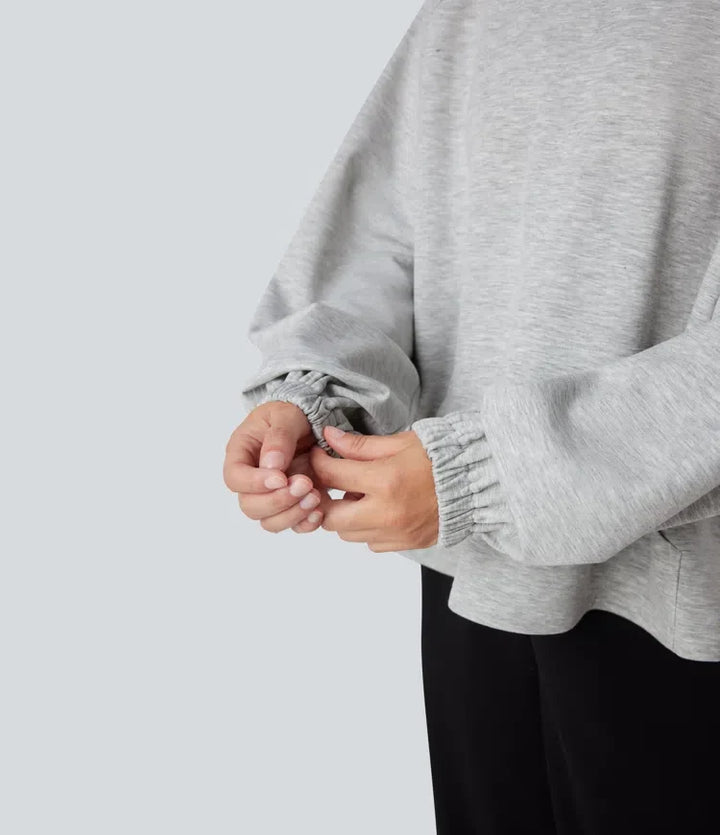 Halvpolo långärmad hög-låg vardaglig sweatshirt med ficka