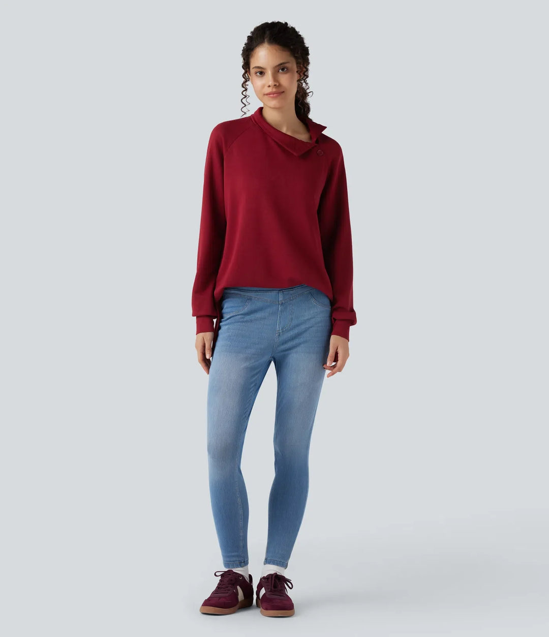 Halvpolo långärmad slits hög-låg avslappnad vardaglig sweatshirt