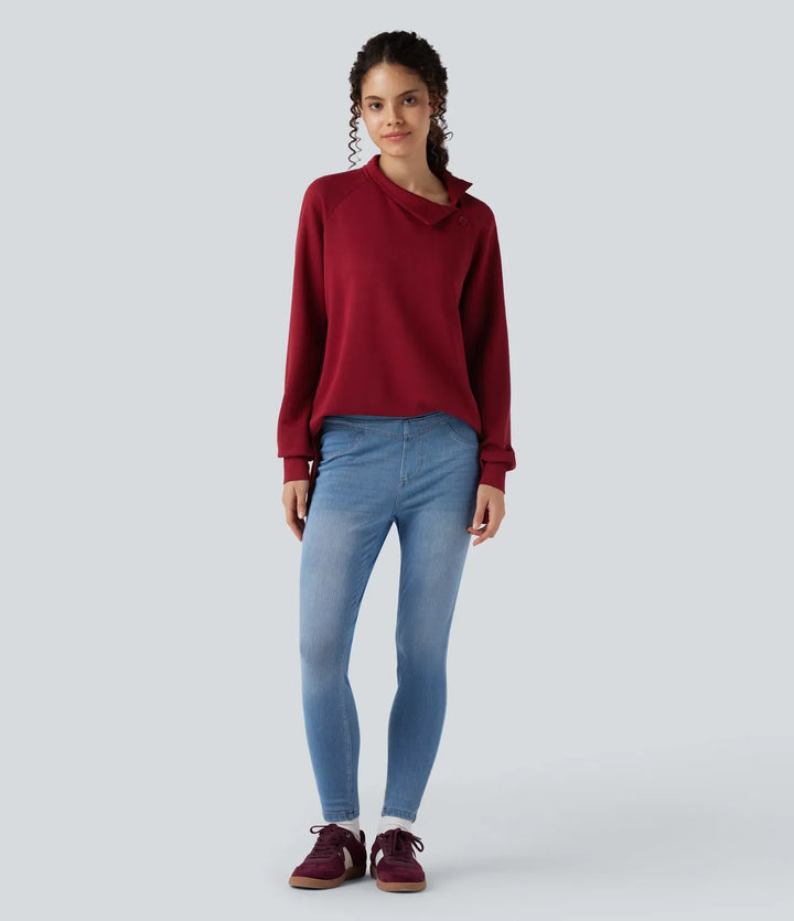 Halvpolo långärmad slits hög-låg avslappnad vardaglig sweatshirt