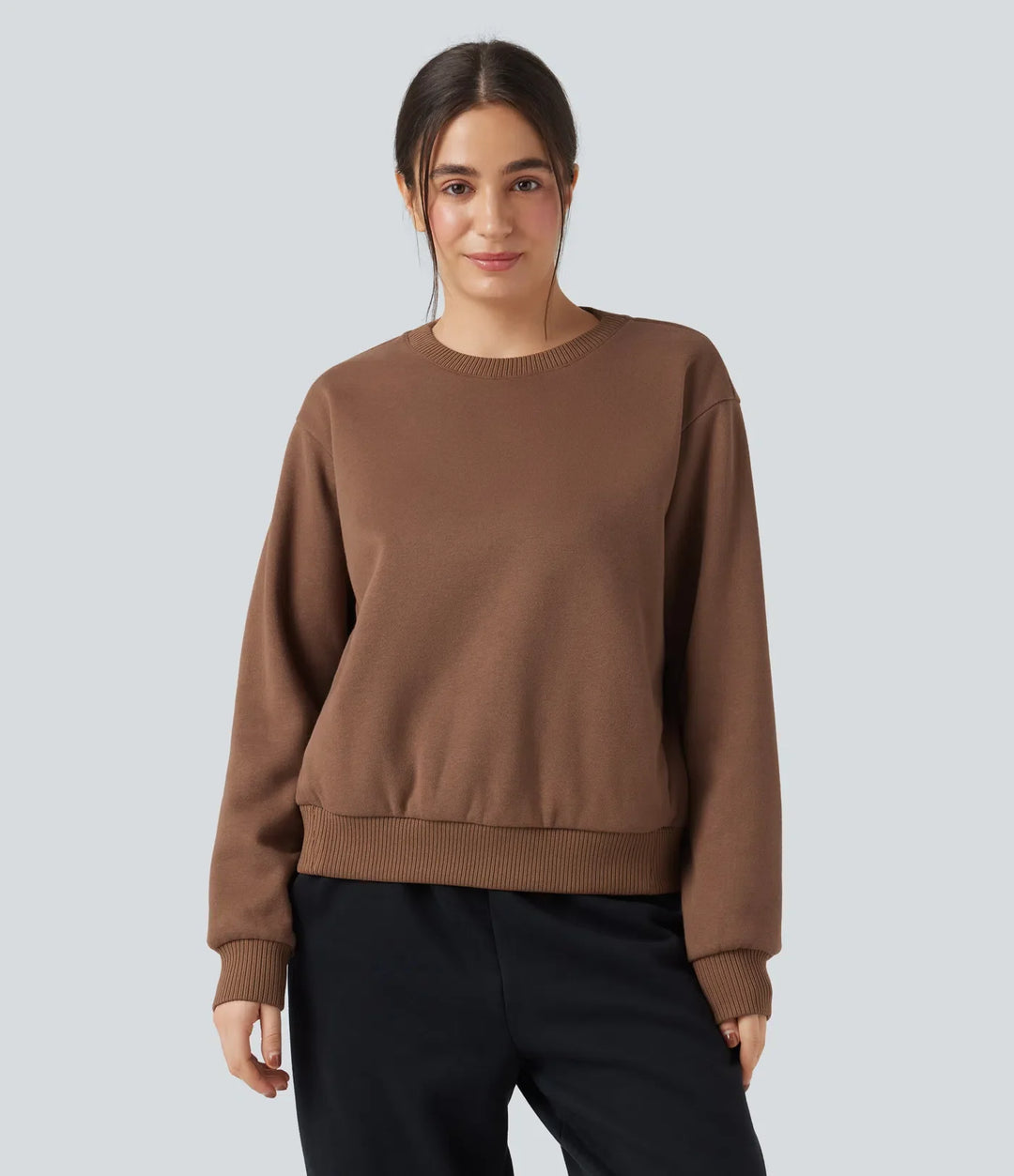 Rund hals långärmad fleece vardaglig bomull sweatshirt med fickor