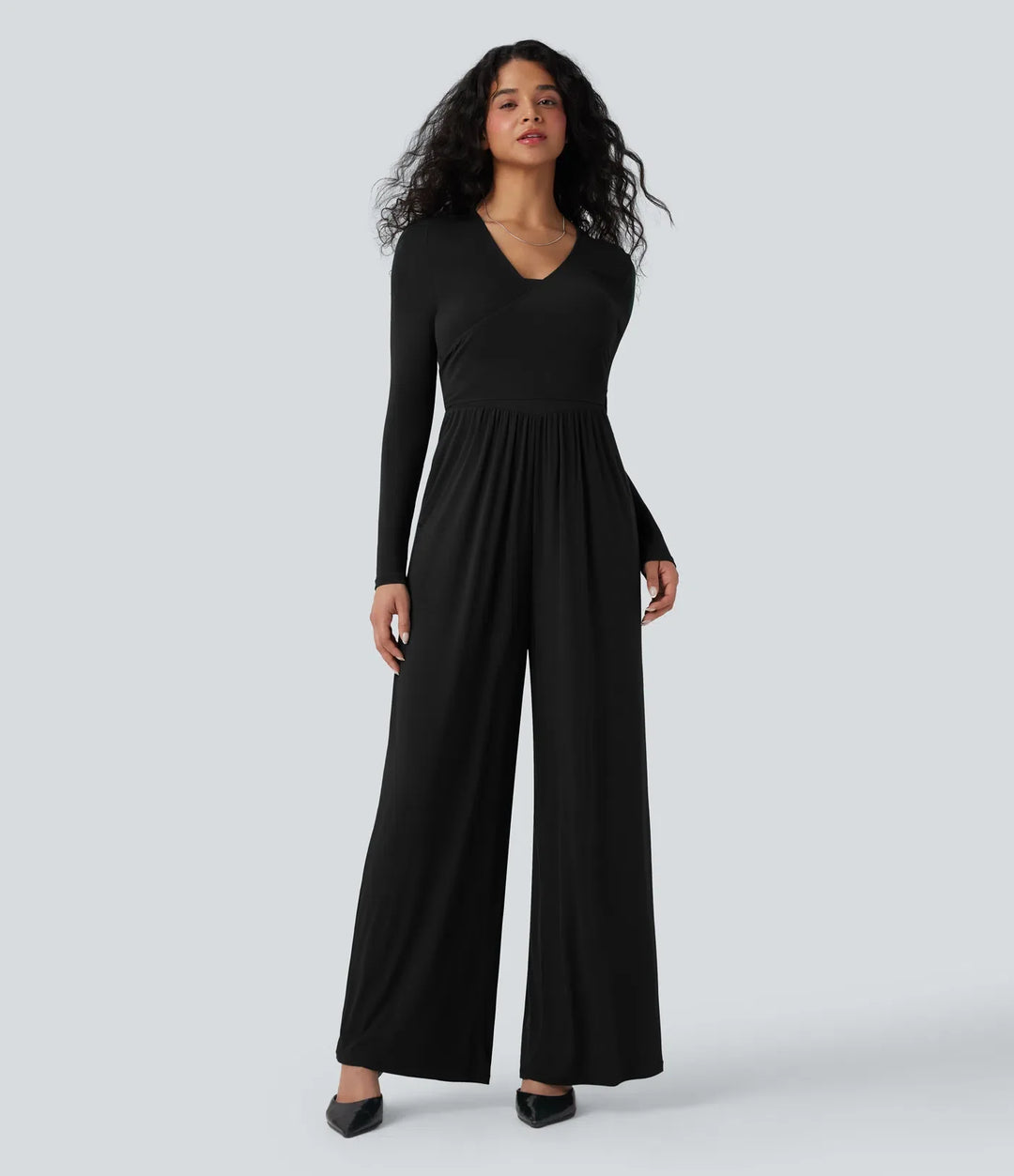 Ribbad V-ringad omlott knytning i ryggen långärmad vida ben vardaglig jumpsuit med fickor-Easy Peezy Edition