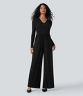 Ribbad V-ringad omlott knytning i ryggen långärmad vida ben vardaglig jumpsuit med fickor-Easy Peezy Edition